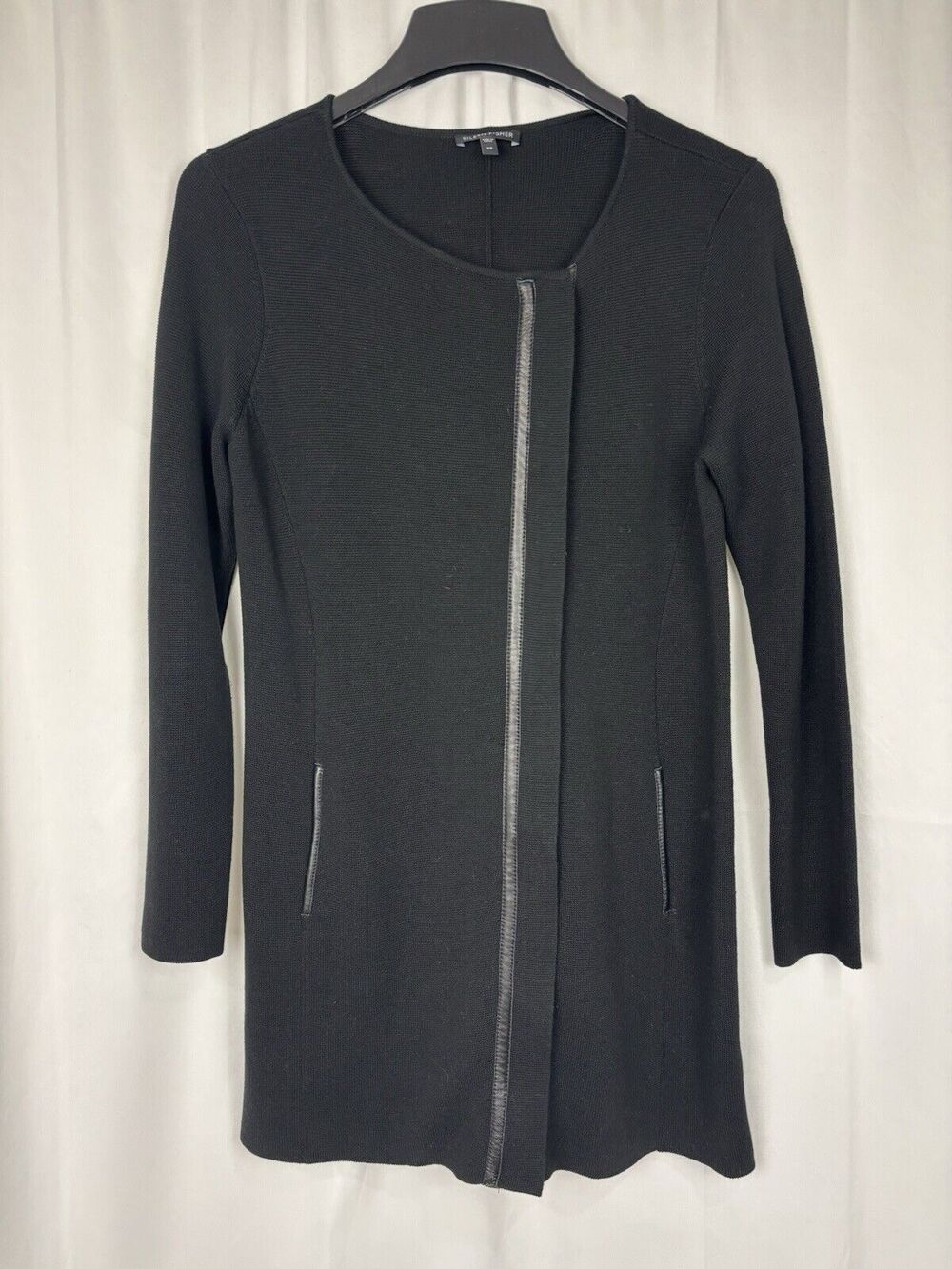 Eileen Fisher Silk Cotton Interlock Jacket Black Zip Up Leather Trim XS